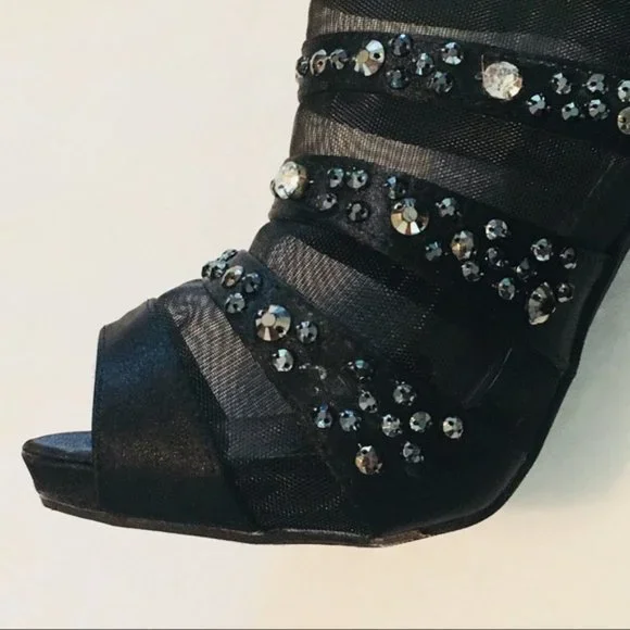 Jeweled and Mesh Black Peep Toe Bootie High Heel | Sexy Fun Celebrity Socialite - Picture 4 of 7